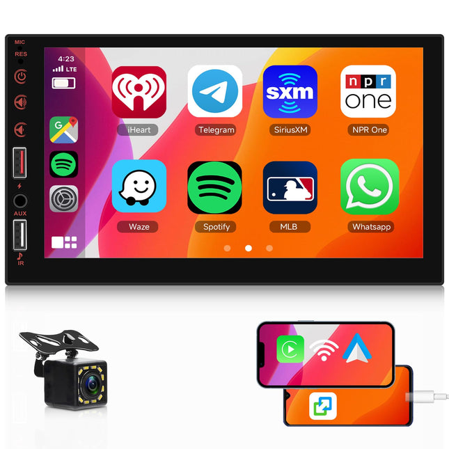 Hodozzy Car Radio 2 Din with Wireless Carplay Android Auto, 7 Inch IPS Touchscreen Double Din Car Radio with Bluetooth, Mirror Link, EQ, SWC, FM Radio, USX, Digital Media Receiver with Rear View Camera