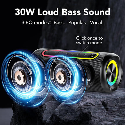 Bluetooth speaker with light, Bluetooth 5.4 music box, 30W dual speakers, dual bass drivers, 30-hour battery life, IPX7 waterproof, TWS pairing, AUX, TF card, suitable for outdoor/party/travel, black