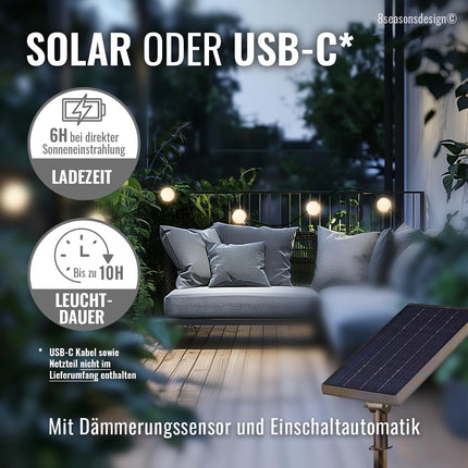 8 aastaaja disainiga päikeseenergial töötav aiavalguskett, 5,5 m - Hõõguv elegants - hämardatav, 6 valget palli (10 cm läbimõõduga), soe valge LED, patareitoitega, sise- ja välistingimustes kasutamiseks, kaasas kaugjuhtimispult, laetav USB-C kaudu