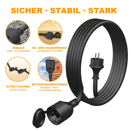 HUARUI välistingimustes kasutatav pikenduskaabel 3m kaitsekorgiga H07RN-F 3G 2.5 mm², kummist toitekaabli pikendus Schuko pistikuga välistingimustes kasutamiseks IP44, välistingimustes kasutatav elektrikaabel, 3500W, 16A 250V, must