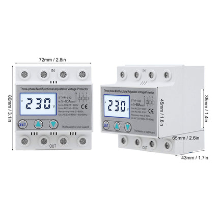 230V/400V AC reguleeritav pingekaitse STVP-932 3-faasiline LCD multifunktsionaalne iselähtestuv ülepingekaitse (80A)