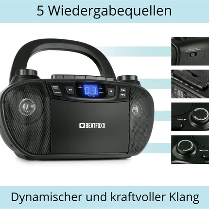 Beatfoxx CDB-1016 BK Boombox kasseti, CD-mängija, raadio ja kandekäepidemega - Diktofon AUX-sisendiga ja kõrvaklapiväljundiga - Toiteallikaks toitekaabel või 6x C-tüüpi patareid - Lastele ja täiskasvanutele