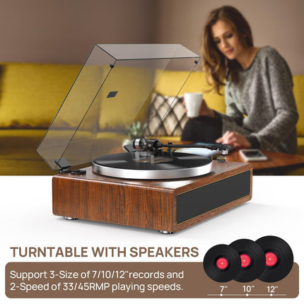 Retrolife Record Player with Integrated Speakers Belt Drive 33/45 RPM Vinyl Record Player Supports Bluetooth Playback with Auto-Stop Function RCA Out and AUX-In Yellow-Brown
