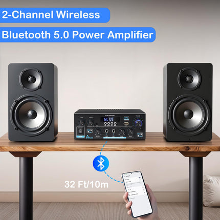WOOPKER AK55 HiFi Amplifier with Bluetooth 70W x2 Mini Amplifier Home Theater Stereo Amplifier AV Receiver Treble and Bass with USB/RCA/MIC/FM (AK55)