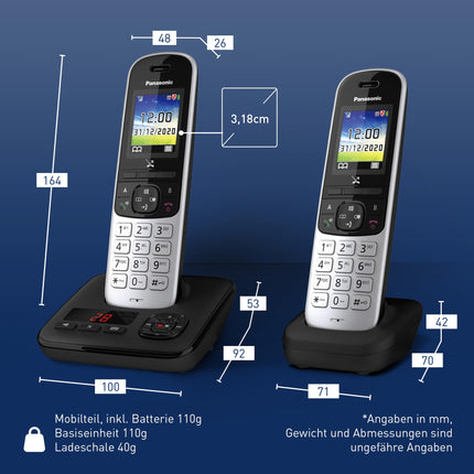 Panasonic KX-TGH722GS Cordless Phone Duo with Answering Machine (DECT Phone, Low Radiation, Color Display, Call Blocking, Hands-Free) Black