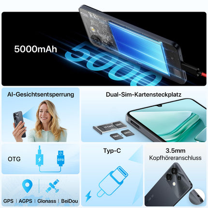 UMIDIGI G9A mobiiltelefon, Android 14 Go nutitelefon ilma lepinguta, 6,75" HD+ kaheksatuumaline Android mobiiltelefon, 8 GB + 64 GB / 1 TB TF, kahe SIM-kaardiga 4G SIM-kaardi lukustamata mobiiltelefonid, 13 MP + 8 MP / 5000 mAh / Face ID / GPS