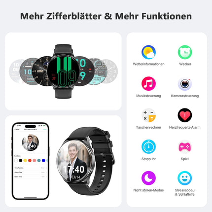 Blackview Smartwatch Men Women, 1.43'' AMOLED Screen, Virtual Always-On Clock, Fitness Watch with Phone Function, Make/Receive Calls, Sports Watch, Pedometer, Heart Rate Sleep Monitor, for Android iOS