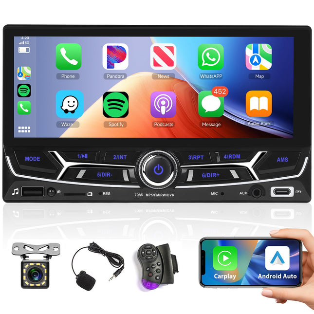 Rimoody Carplay autoraadio 2 DIN Android Auto Bluetooth Handsfree süsteemiga 6,86-tolline puutetundliku ekraaniga autoraadio Mirror Link Bluetooth FM/USB/AUX/TF/Type-C/EQ/DVR roolil juhtimine + tahavaatekaamera