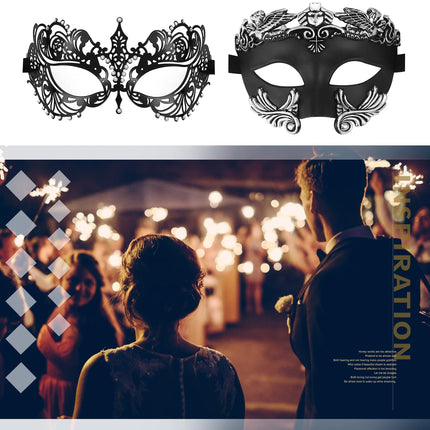 OIDEA Metal Mask Venetian for Couples: Black 2 Pieces Couple Masquerade with Sexy Rhinestone Eye Mask for Partner Costume Carnival Cosplay Party Masquerade for Women Men