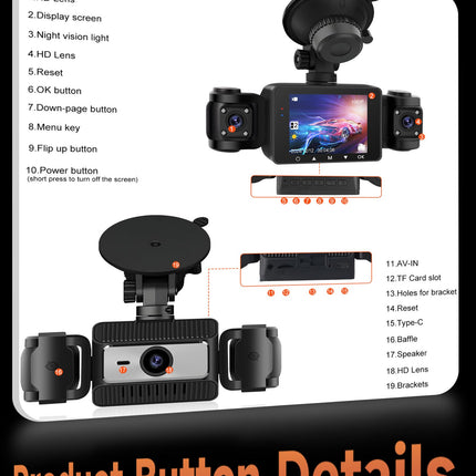Auto videoregistraator 360°, 4 kaameraga FHD 1080P ees ja taga vasakul ja paremal, 2,4-tolline 1080P videoregistraator IR öönägemise/silmusvideo/24H parkimismonitori/G-anduri/parkimisabiga, 64 GB mälukaardiga