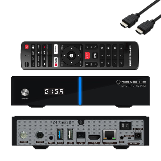 GigaBlue UHD Trio 4K PRO - 1xDVB-S2X MS + 1xDVB-C/T2 kombineeritud vastuvõtja satelliit-, kaabel-/T2 signaalide jaoks, E2 Linux TV nutiteleri karp, meedia taasesitus, PVR-funktsioon, 1200Mbps WiFi, HTS e-com HDMI-kaabel