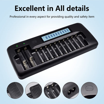 Rechargeable Batteries AA 12 Pack 3000mAh With Intelligent Charger - 12 Slot Smart LCD Fast Charger Universal for Mignon AA, Micro AAA 1.2v NIMH Rechargeable Batteries