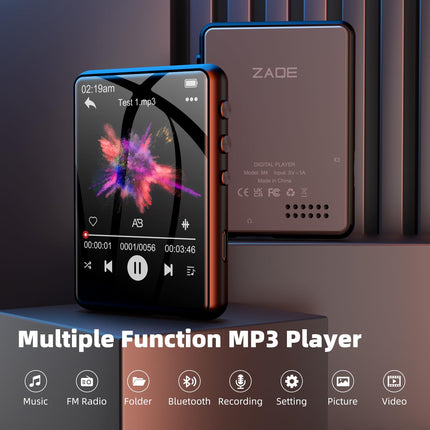 64GB MP3 Player Bluetooth 5.3 2.4" Full Touchscreen Portable MP3 Player with Speaker, Voice Recorder, FM Radio, Line Recording Support 128GB Kids MP3 Player (Black)