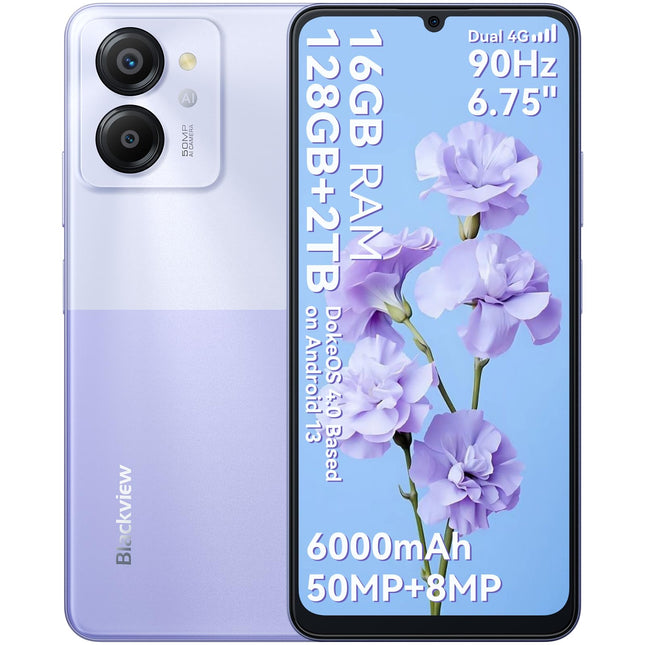 Blackview 2025 mobiiltelefon ilma lepinguta 16GB+128GB, 6000mAh, 50MP, nutitelefon ilma lepinguta odav 6.75" 2.0Ghz kaheksatuumaline, ekraan 4G kahe SIM-kaardiga mobiiltelefonid, sõrmejäljelugeja/näotuvastusega/GPS/OTG