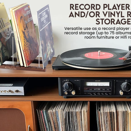 Decibelvibe plaadihoidja ja plaadimängija alus, Now Playing Display roostevabast terasest ja täispähklipuust, esmaklassiline disain, kuni 75 plaati