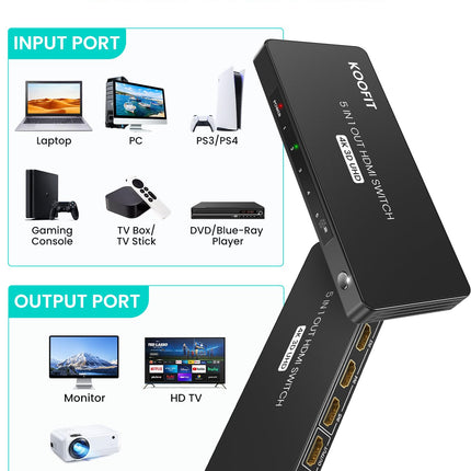 HDMI-lüliti 4K, HDMI-jaotur 5 sisendit ja 1 väljundit koos IR-kaugjuhtimispuldiga, lüliti 5 pordi valikukast toetab HDCP 2.2 HDR10 3D 18Gbps 4K 3D HDR-i teleripulgale HDTV Xboxile