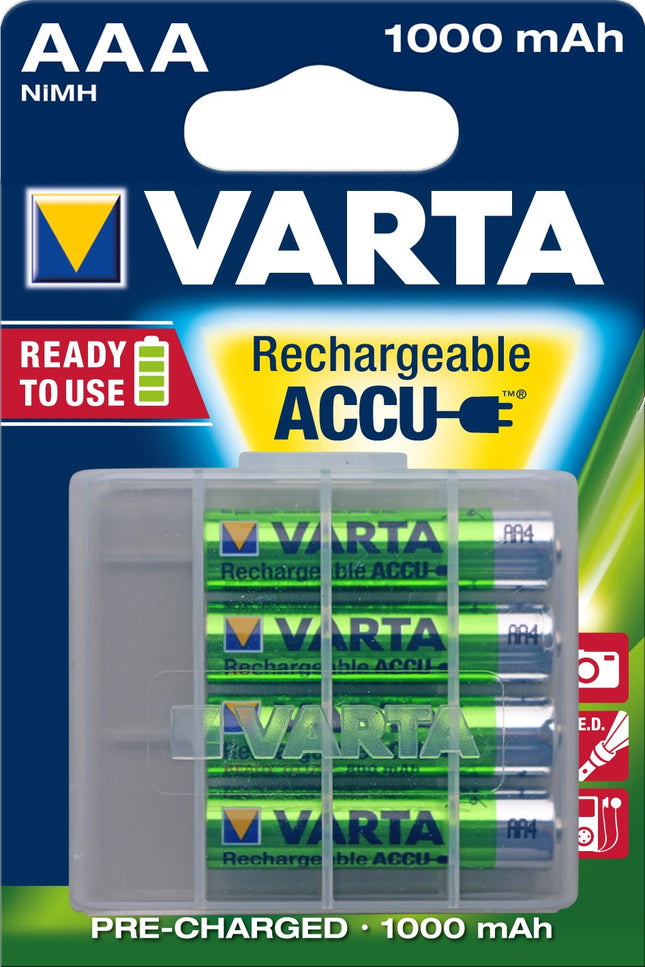 VARTA Rechargeable Ready2Use pre-charged Micro Ni-Mh battery (AAA, 1000mAh, 4-pack), rechargeable without memory effect - ready for immediate use, including storage box