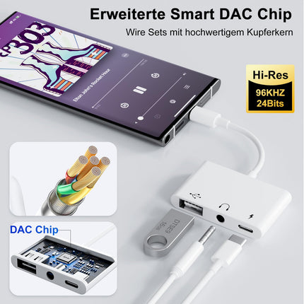 【3 ühes】USB C - 3,5 mm pistikupesa kõrvaklappide adapter laadijaga OTG USB-adapter, C-tüüpi Aux Audio kõrvaklappide pesa jaotur Samsung Galaxy S22/S21/S20 iPad Pro Air Pixel 6/5/4 (valge)