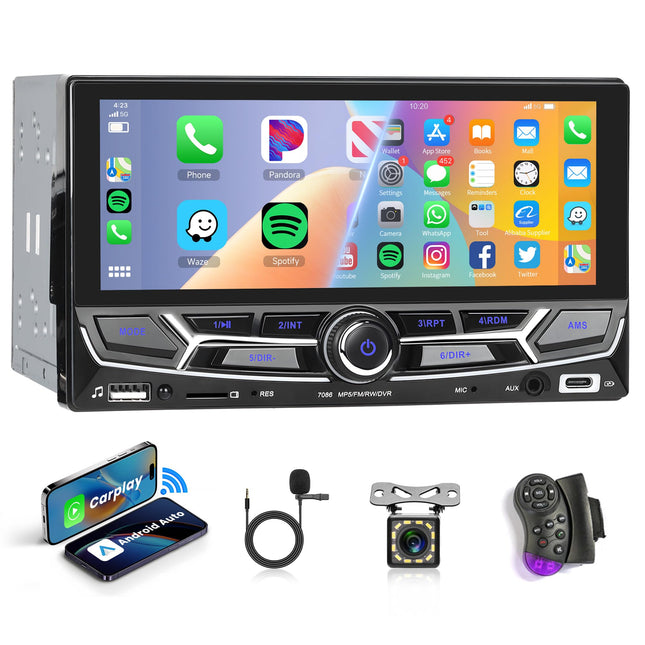Hodozzy Double DIN Car Radio CarPlay Android Auto-6.86 inch HD Touchscreen 2 Din Screen Bluetooth Stereo Car Multimedia MP5 Player Mirrorlink FM Radio/Type-C/USB/TF/AUX SWC Rear View Camera