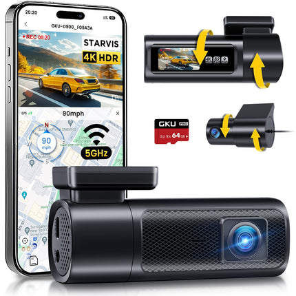 GKU 4K+2.5K autokaamera esi- ja tagaosas 5GHz WiFi-ga, autokaamera 64G SD-kaardiga, STARVIS öönägemisfunktsioon, 1.5" IPS-ekraan, GPS-autokaamera, 24H parkimise jälgimine, 360° pööratav. Max. 512GB
