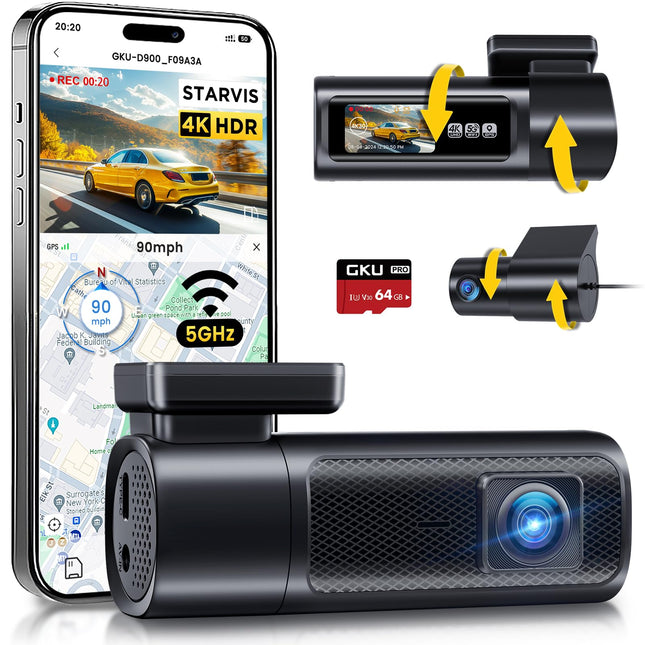 GKU 4K+2.5K autokaamera esi- ja tagaosas 5GHz WiFi-ga, autokaamera 64G SD-kaardiga, STARVIS öönägemisfunktsioon, 1.5" IPS-ekraan, GPS-autokaamera, 24H parkimise jälgimine, 360° pööratav. Max. 512GB