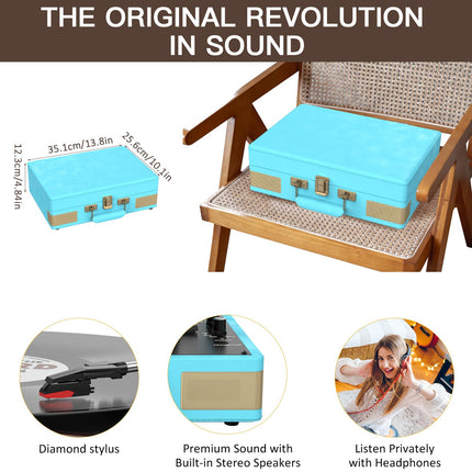 Trynnay Record Player 3-Speed ​​Bluetooth Portable Suitcase Vinyl Player with Built-in Speakers Record Player Enhanced Audio Sound PU Leather Vintage Blue
