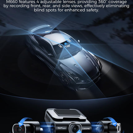 AZDOME 4 Channel 4K Dashcam Car 360 Degree with 128GB eMMC, 2.5K+3 * 1080P Dashcam, 5G WiFi, Voice Control Dashcam Car Front Rear, IR Night Vision, Parking Mode, Drowsy Driving Reminder (M660)
