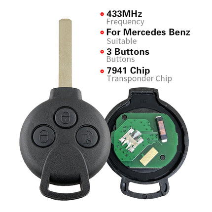 Südamekujuline hobune 3 nupuga Mercedes-Be-NZ nutikas auto kaugjuhtimispult, mis ühildub Smart Fortwo 451 Roadsteriga, autovõtmeümbrise vahetus 433 MHz PCF7941 kiibiga, akuga ja teraga