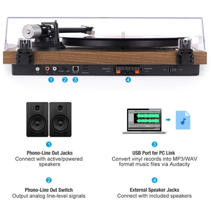 1 by ONE HiFi Bluetooth plaadimängija USB-ühendusega, MM-süsteem, 33/45 p/min, automaatne seiskamine ja fono-eelvõimendi, rihmülekandega vinüülplaadimängija kahe kõlariga