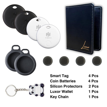 Smart Tag (Pack-4) 2 black + 2 white combo for Apple iOS: includes Luxor wallet, key finder, item finder, replaceable battery, easily track your bag and more worldwide
