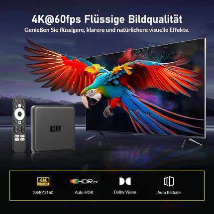 Android TV Box - 4K nutiboks Android TV 14.0, ühildub Google'i ja Netflixi sertifikaatidega, toetab Dolby Vision DD+, DTS-i, 4 GB RAM-i ja 32 GB ROM-i, WiFi6, BT5.0, AV1, HDR10+, häälassistent, Ethernet