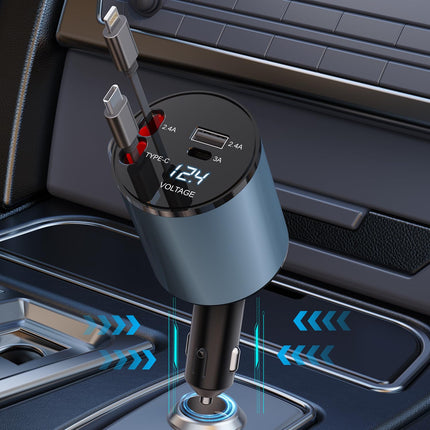 4-in-1 Retractable Car Charger, Fast Car Phone Charger with 69W Retractable Cable and 2 USB Ports Car Charger Adapter Compatible with Phone 15/14/13/12 Pro Max XR, iPad