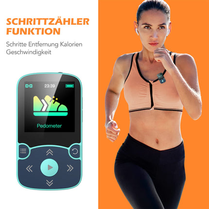 AGPTEK MP3-mängija Bluetooth 5.3 Sport 64GB 1,5-tollise TFT värvilise ekraaniga, mini-muusikamängija klambriga, toetab kuni 128GB SD-kaarti, sinine