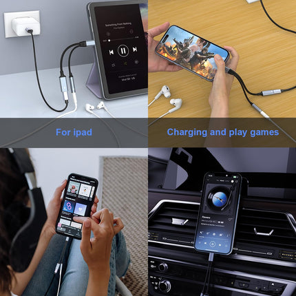 【Apple MFi sertifitseeritud】 2-ühes Lightning - 3,5 mm kõrvaklapipesa adapter iPhone'ile ja laadijale, kõrvaklappide muundur, jagaja, tugi muusikale + laadimine + HiFi + mikrofon + juhtimine iPhone'ile