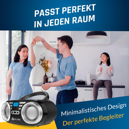 KLIM B3 kaasaskantav CD-mängija Bluetooth Boombox FM-raadio, Bluetoothi, USB ja AUX-iga - kvaliteetsed topeltkõlarid, ekvalaiseriga heliefektid, 20 eelsalvestatud jaama, kompaktne ja kerge | Kaasaskantav CD-mängija