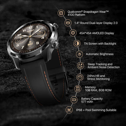 Ticwatch 3 GPS nutikell, Wear OS by Google, kahekihiline ekraan 2.0, pikk aku tööiga, must
