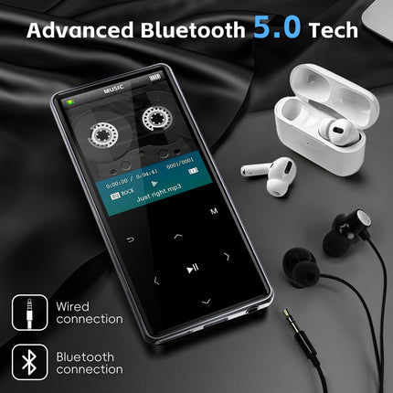 192 GB kaasaskantav MP3-mängija Bluetooth 5.0-ga, 2,4-tolline Srceen muusikapleier sisseehitatud kõlariga, mini-diktofon 64 GB micro SD-kaardiga, puutetundlikud nupud, diktofon, e-raamat, kõrvaklapid mustad
