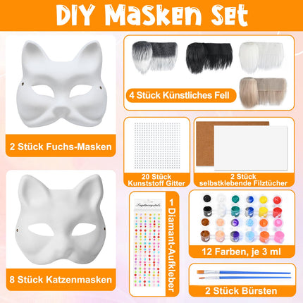 Alishomtll 10 pieces cat masks for painting, DIY blank paper mask, cat mask fox mask white half masks with plush faux fur felt fabric stickers for Halloween carnival masquerade party cosplay