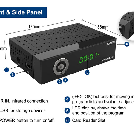 EDISION Picco S2 pro Full HD satelliitvastuvõtja FTA (ühildub DVB-S2 | ARD ja ZDF SD väljalülitusega), Unicable'i ühilduv, 2-in-1 kaugjuhtimispult, WiFi, HDTV, HDMI, S/PDIF, IR, eelinstallitud Saksa kanalite nimekiri