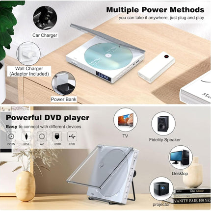 Maite Mini DVD Player Portable, Region Free with 1080P HDMI Port/AV Output, NTSC/PAL, DVD Player for TV with AV/HDMI Cables/USB Playback Remote Control and Stand no Support Blueray