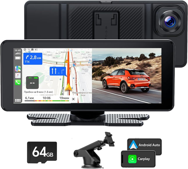 Volam 6.86 inch CarPlay Screen, Compatible with Apple CarPlay &amp; Android Auto, Portable Car Stereo with 2.5K Front Camera, Digital Receiver with 64GB TF Card, Siri/Google, Bluetooth, Mirror Link, GPS, AUX, FM