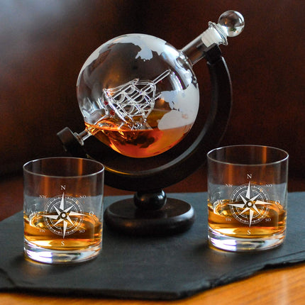 Whiskey Decanter Set | Whiskey Gift Set | Whiskey Gifts for Men | Christmas Gifts for Men | Gifts for Grandpa and Uncle | Globe Decanter (2 Whiskey Glasses with Silver Compass Engraving)