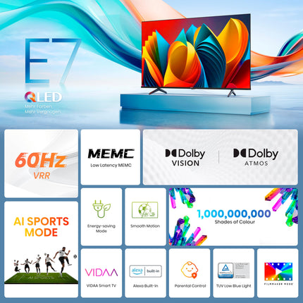 Hisense 43E7NQ 108 cm (43-tollise) teleri komplekt, 4K UHD, QLED, HDR10, HDR10+ dekodeerimine, HLG, Dolby Vision Atmos, 60Hz paneel, sujuv liikumine, Bluetooth HS3100