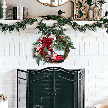 40cm Christmas Door Wreath, Red Truck Christmas Wreath Artificial Christmas Decorations Farmhouse Wall Wreath for Carmine Window Christmas
