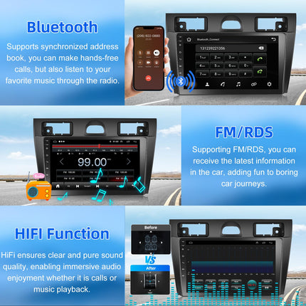 Podofo autoraadio Ford Fiesta Mk VI Mk5 2006-2011 koos Carplay, Android Auto, Android 13 2+64G 9'' puutetundliku ekraaniga raadio Bluetoothi, WiFi, GPS ja tahavaatekaameraga