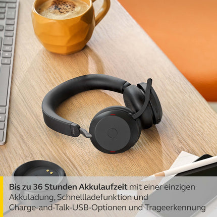 Jabra Evolve2 75 juhtmevabad arvutipeakomplektid laadimisdokiga, 8-mikrofoni tehnoloogia - kahekordse vahuga stereokõrvaklapid täiustatud aktiivse mürasummutusega, USB-C Bluetooth-adapter ja UC-ühilduvus - must