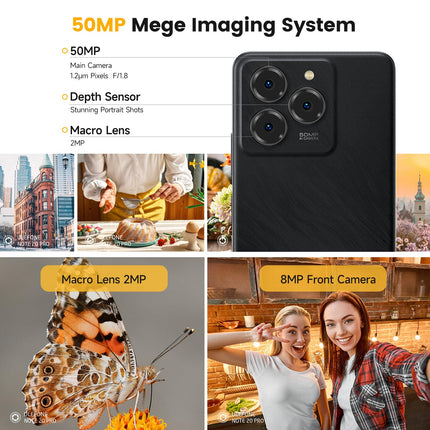 Ulefone Note 20 Pro mobiiltelefon Android 14 256GB + 8GB / 1TB SD 50MP + 8MP kaamera Octa Core 6000mAh 18W 6.75" HD+ 90Hz 4G kahe SIM-kaardiga nutitelefon lukustamata sõrmejäljelugeja näotuvastus GPS OTG 2-aastane garantii - must
