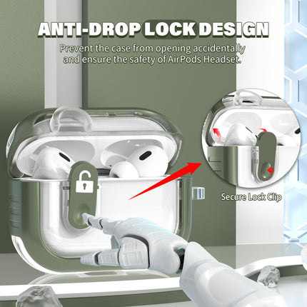 MHYALUDO Airpods Pro 2. põlvkonna ümbris turvalise lukuga, ühildub Airpods Pro 2./1. põlvkonna ümbristega, läbipaistev TPU, sõjaväeklassi löögikindel ümbris. Armeeroheline