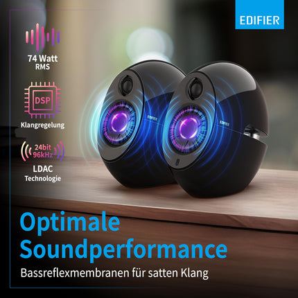 Edifier E25HD Bluetooth kõlarikomplekt – 74 W RMS – Parim helikvaliteet bassrefleksmembraaniga – LDAC tehnoloogia – Bluetooth 5.3 – Elegantne disain – Optilised + Aux ühendused – Must