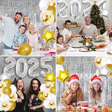 New Year's Eve Decoration 2025 XXL, 2025 New Year's Balloons Silver, Happy New Year Balloon Set, Silver Gold New Year's Decoration, New Year's Eve Party Set, New Year's Eve Confetti Photo Props New Year's Tinsel Curtain (White)